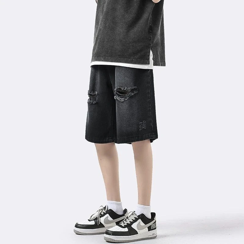 Men's Outdoor Summer Thin Ripped Denim Shorts with Trendy American Retro Look Extremely Versatile Mid-Length for Casual Wear