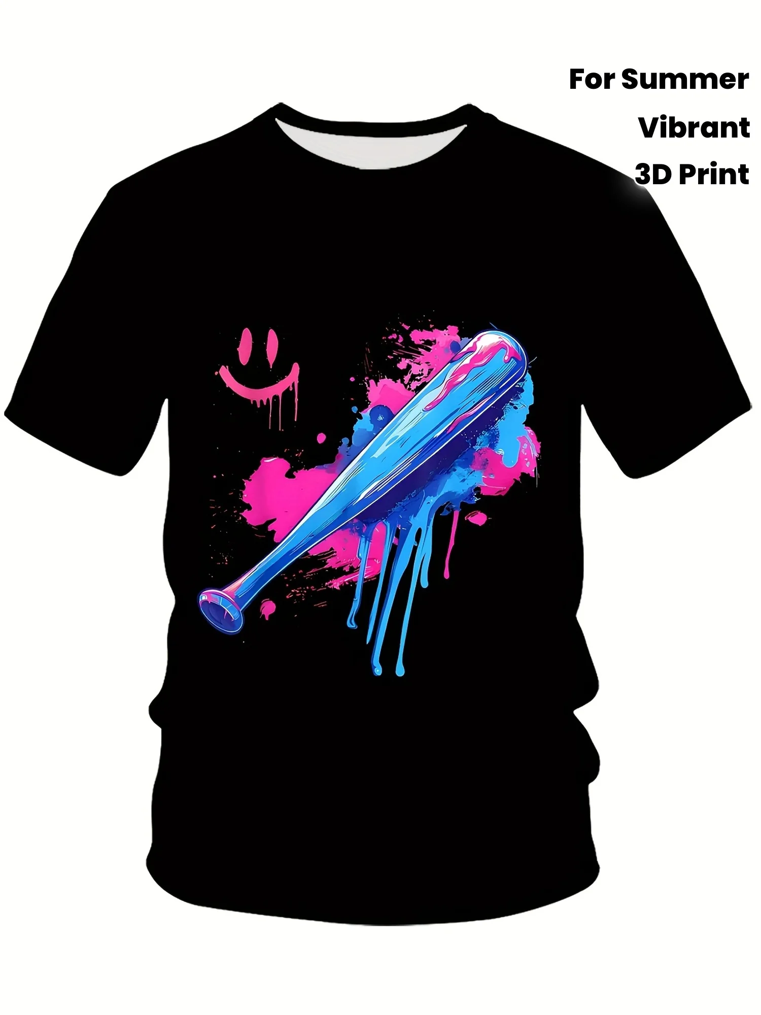 

Colorful 3D Print Boys' Vibrant Baseball Bat Graphic T-Shirt | Black Polyester, Short Sleeve Summer Wear, Playful Tshirt, Baseba