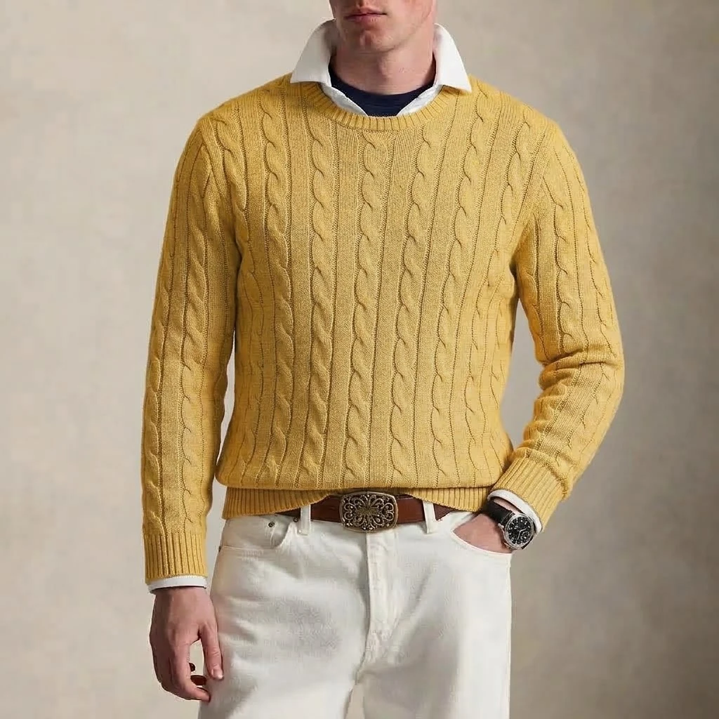 Herren-Pullover im Vintage-Stil mit Zopfmuster, Rundhalsausschnitt, Herbst, Langarm, Strickoberteil, lässig, Business, warm, Winterpullover, Kleidung – Detail 7