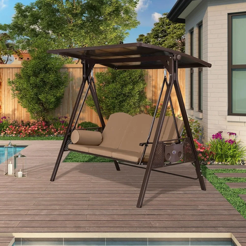 

Outdoor courtyard porch swing, 3 seats, with side cup holders, including cushions and pillows, adjustable PVC canopy swing chair