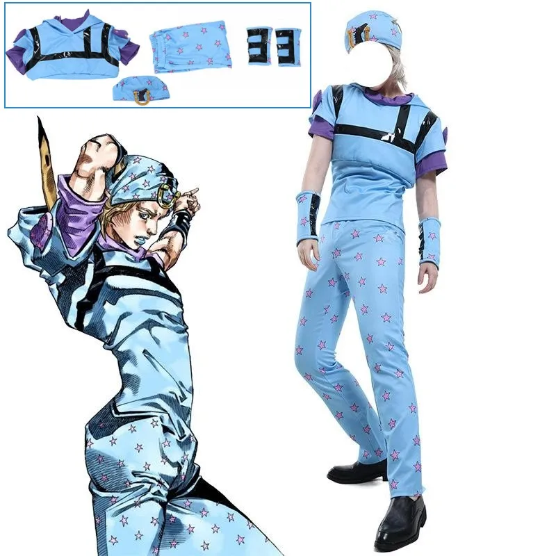 Anime JoJo's Bizarre Adventure Johnny Joestar Cosplay Costume Men‘s ’Uniform Comic Pajamas Top Pants Hat Wristband Suits