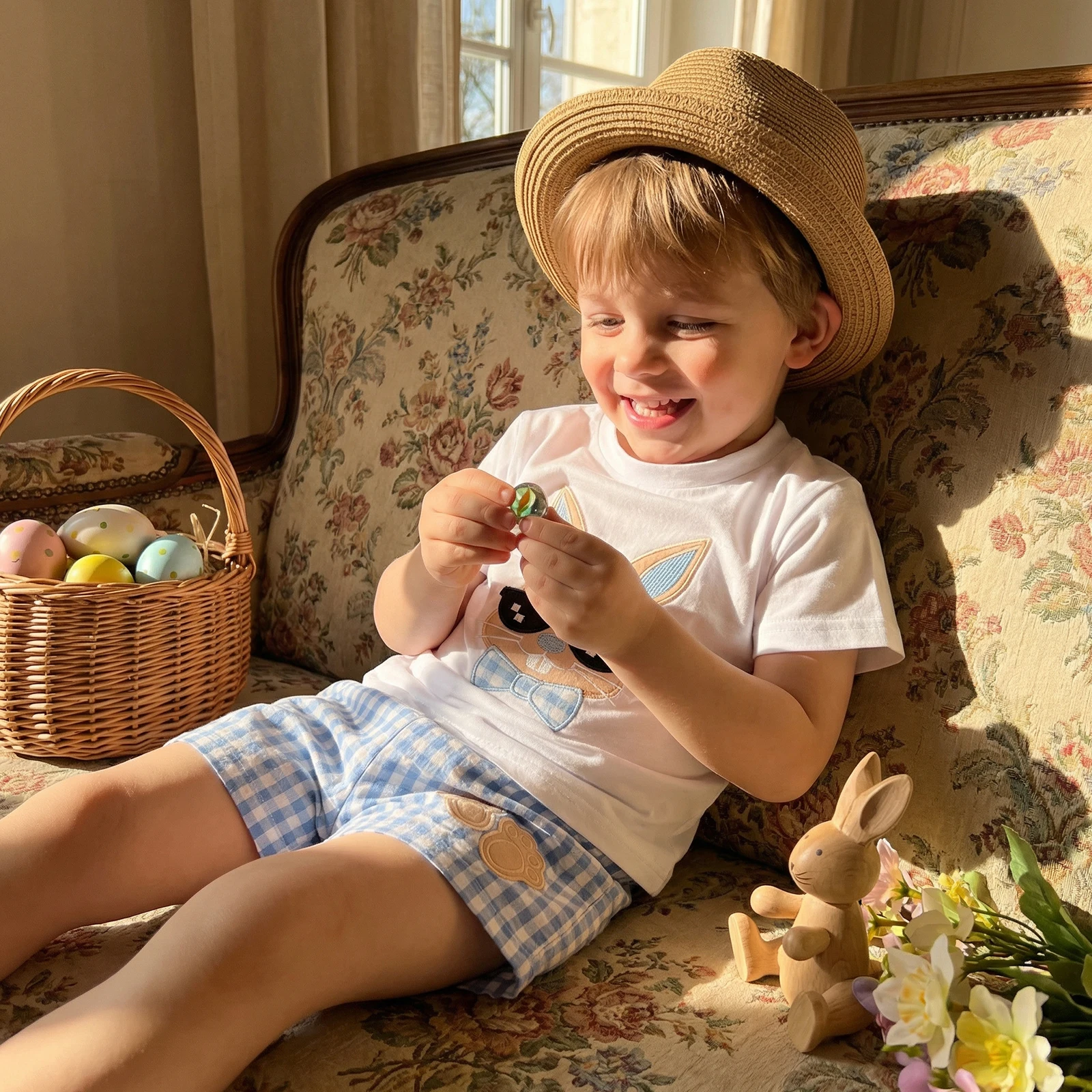 Toddler Boys Easter Outfits Adorable Bunny Embroidery Short Sleeve Round Neck Tops and Plaid Shorts Set