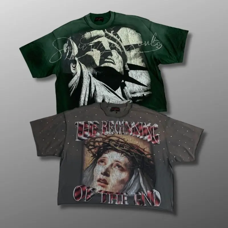 Cotton Oversize RARE PEACE Tshirts Rhinestone Men Women Streetwear Thorn Character Portrait Stone Statue Pattern Short Sleeve