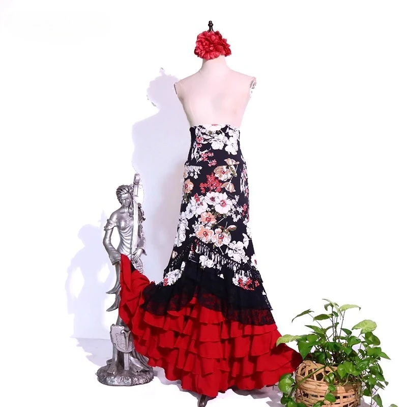 Abito da spettacolo per costumi di danza del ventre con gonna di danza dell'anca con borsa da rimbalzo alta personalizzata di flamenco stampato