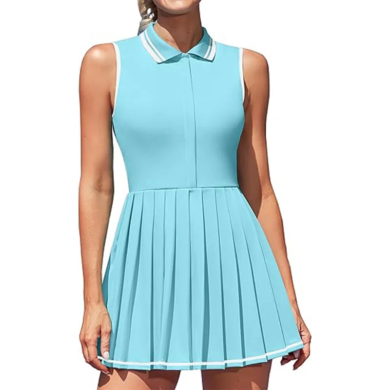 Colour Tennis Skirt Golf Dress Moisture Wicking Half Zip Pleated Fitness Skirt