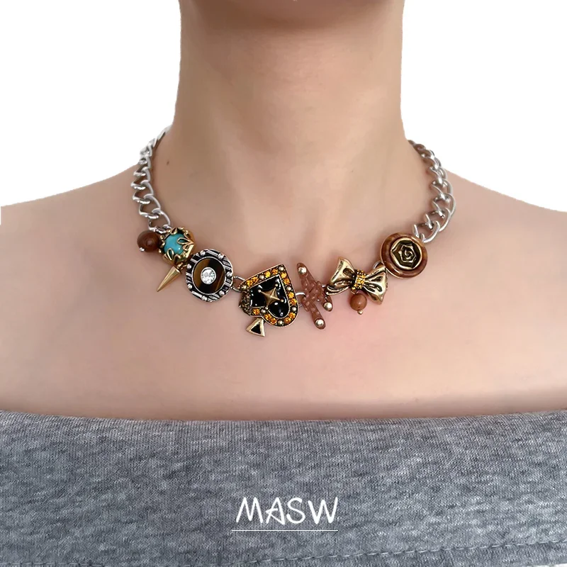 MASW Original Design Cool High Quality Brass Black Heart Pocker Pendant Necklace For Women Girl Gift Fashion Jewelry 2024 New