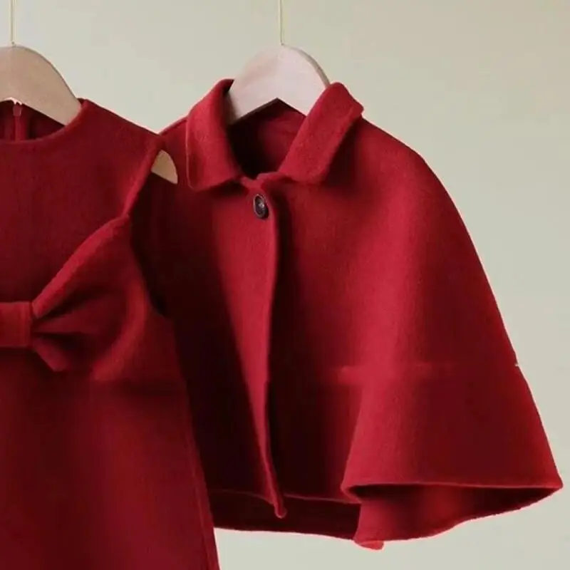 Kawaii معطف غير رسمي مجموعة عصرية ونمط غربي عيد ميلاد السنة الجديدة فستان الفتاة عباءة حمراء سترة قطعتين ملابس الشتاء #4