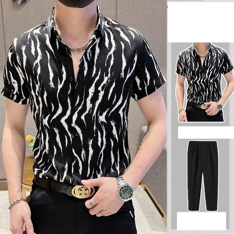 Men\'s Short Sleeve Button Turn-down Collar Cardigan Leopard Printing Shirt High Waisted Solid Pockets Casual Vintage Pants Sets