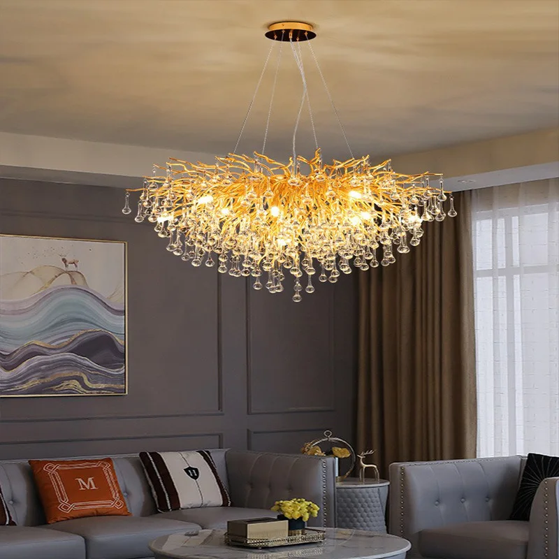 Water Drop Crystal Led Chandeliers Luxury Tree Branch Ceiling Chandelier Hanging Light Living Room Decoration Rain Pendant Lamp