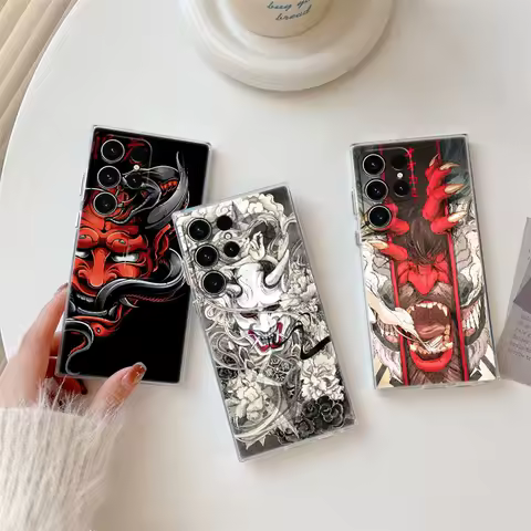 S25Ultra Phone Case For Samsung Galaxy S25 S24 S23 S21 Ultra S20 FE S22 Plus A56 A55 Case Clear Cover Samurai Hannya Mask Tattoo