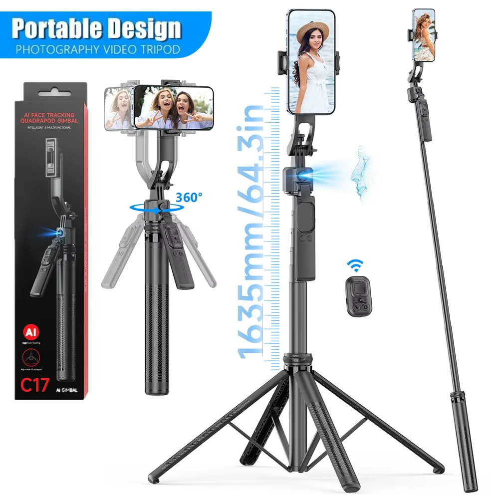 Bastão de selfie remoto sem fio com ajuste de altura de 163 cm / 64,3 '' Follow-Up inteligente 360 ° Estabilizador de cardan de rotação para câmera GoPro de telefone