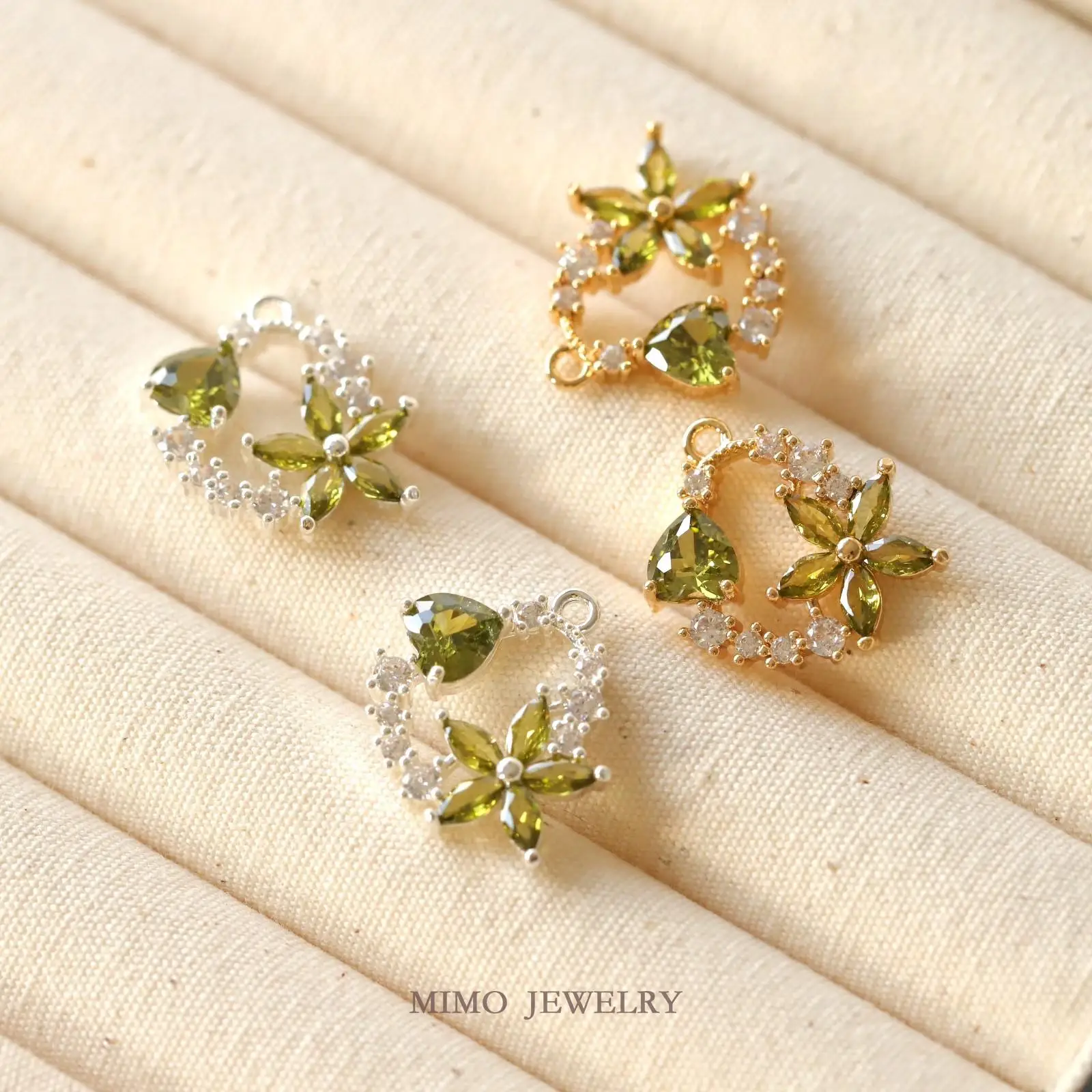 Round Olive Green Flower Heart-shaped Zircon Wreath Charms Pendant Supplies DIY Hand Brass Gold Plated Accessories 19.3X18mm