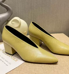 New Spring Autumn High Heel Shoes Elegant Chunky High Heeled Pumps Sexy Pointed Toe Evening Shoes Women Shoes V Cut Shoes c324