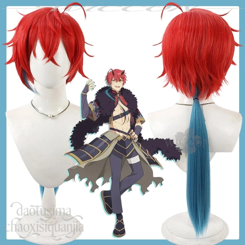 

Akira Mikado Short Red Wigs Blue Low Ponytail Fashion Y2K Synthetic Hair Halloween Christmas Cos Anime Princess Kaguya! Cosplay