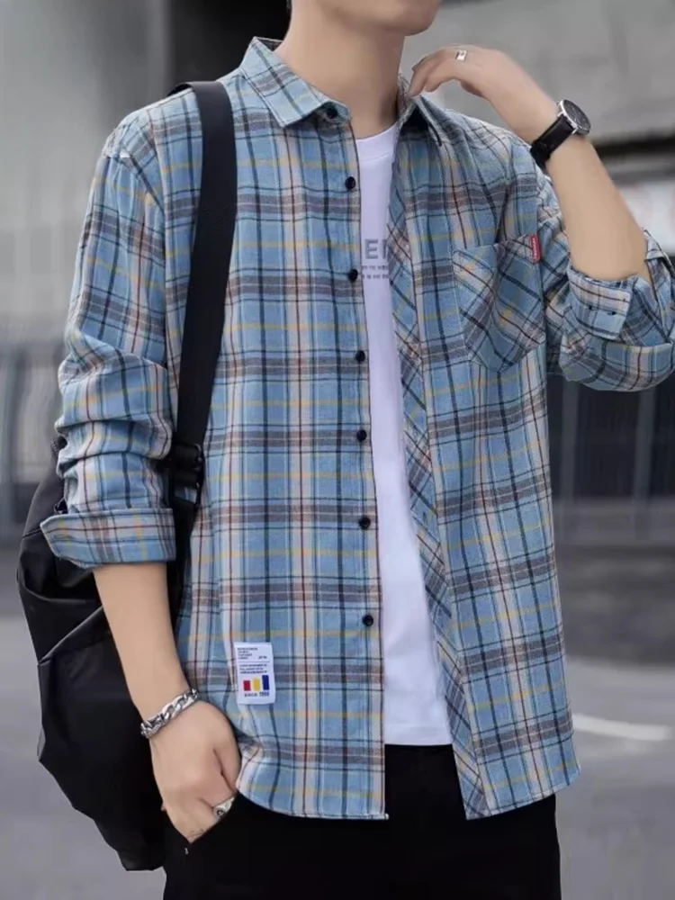 

Plaid Long Sve irt Men's Spring New Sle Trendy Haome Outerwear Loose Fit Button Detail Iron-Free Polyester ...