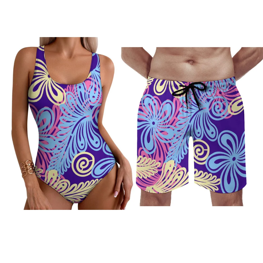 Customizable Fiji Flora Polynesian Women One Piece Men Boardshort Jungle Leaf Print Hawaii 2025 Quick Dry Yearround Set