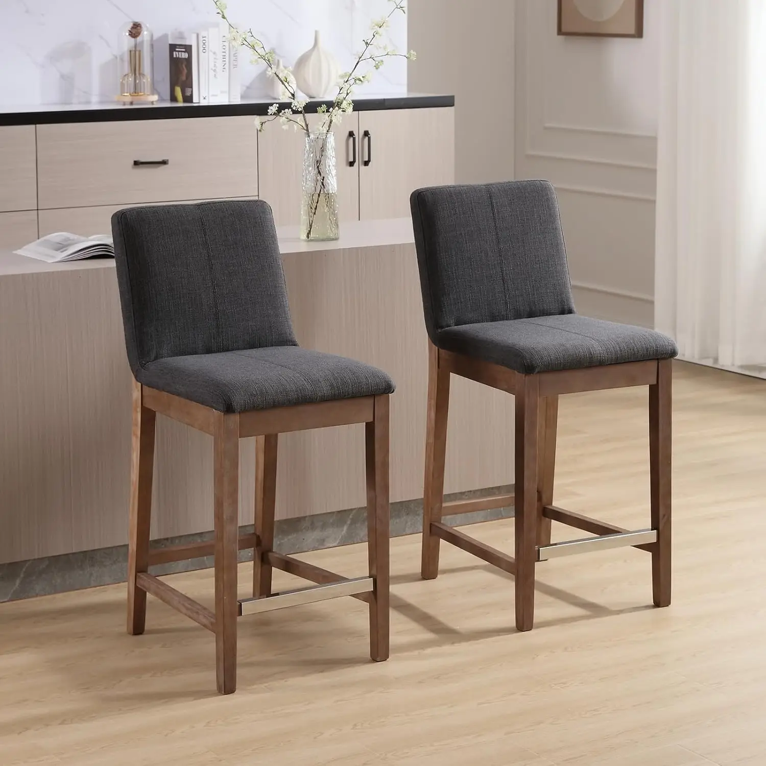 

Набор деревянных табуретов из 2 шт., средний современный табурет высотой 26 дюймов с подставкой для ног и удобные барные стулья из льняной ткани с обивкой