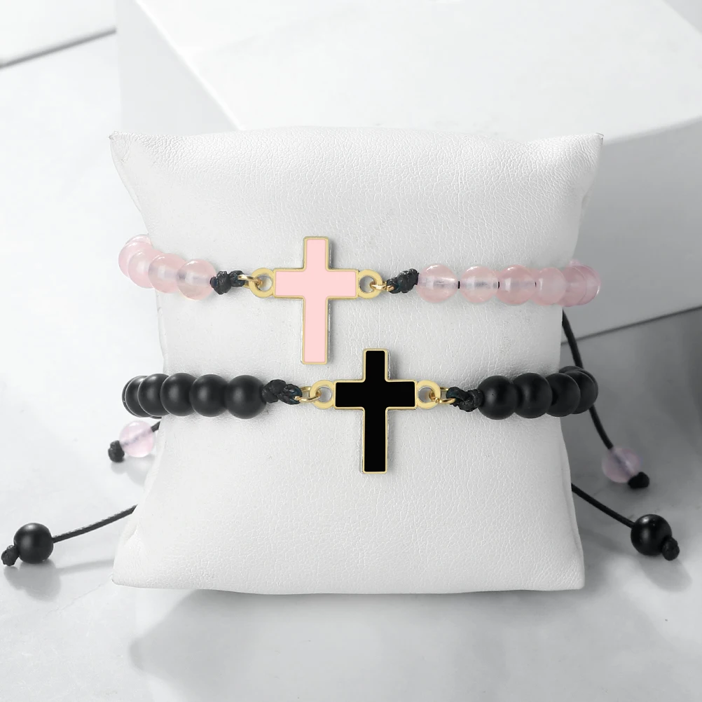 النساء الصليب سوار 6 مللي متر الوردي الكوارتز الأسود الجزع الحجر الطبيعي الخرز أساور اليدوية الرجال الإسورة قابل للتعديل الصلاة اليوغا مجوهرات #1