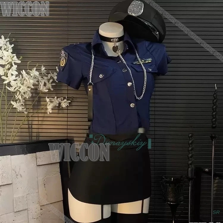 مضيفة طيران المرأة موحدة ضابط الشرطة طوق تنورة الحرير الأسود Strappy الجوارب قميص هالوين حفلة هدية عيد الحب