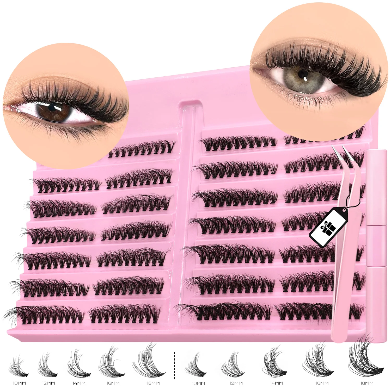Lasvirey DIY Wimperncluster-Set, Katzenaugen-Wimpernverlängerung, gemischtes Tablett, flauschige Einzelwimpern mit Wimpernbindung und versiegelten Wimpern