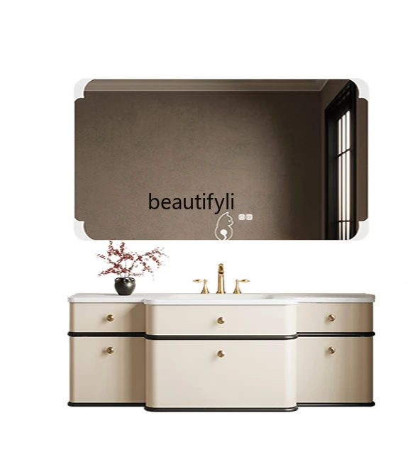 

French rock slab hot bending integrated basin bathroom cabinet combined bathroom washstand curved narrow side washbasin cabinet