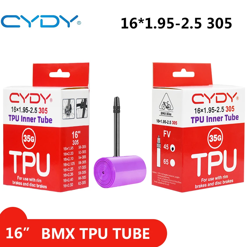 CYDY TPU Bike Inner Tube Camera 16 ”305 16x1.95 2.0 2.125 2.25 2.35 2.4 2.5 Inch Valve 45mm BMX Bicycle Tire pneu Cycling Tyre