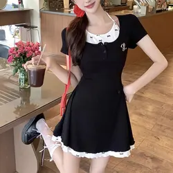 Hotsweet Halter Waist Mini Dress Women's Clothing Fake Two Pieces Printed Patchwork Summer New Short Sleeve Basic A-Line Dresses