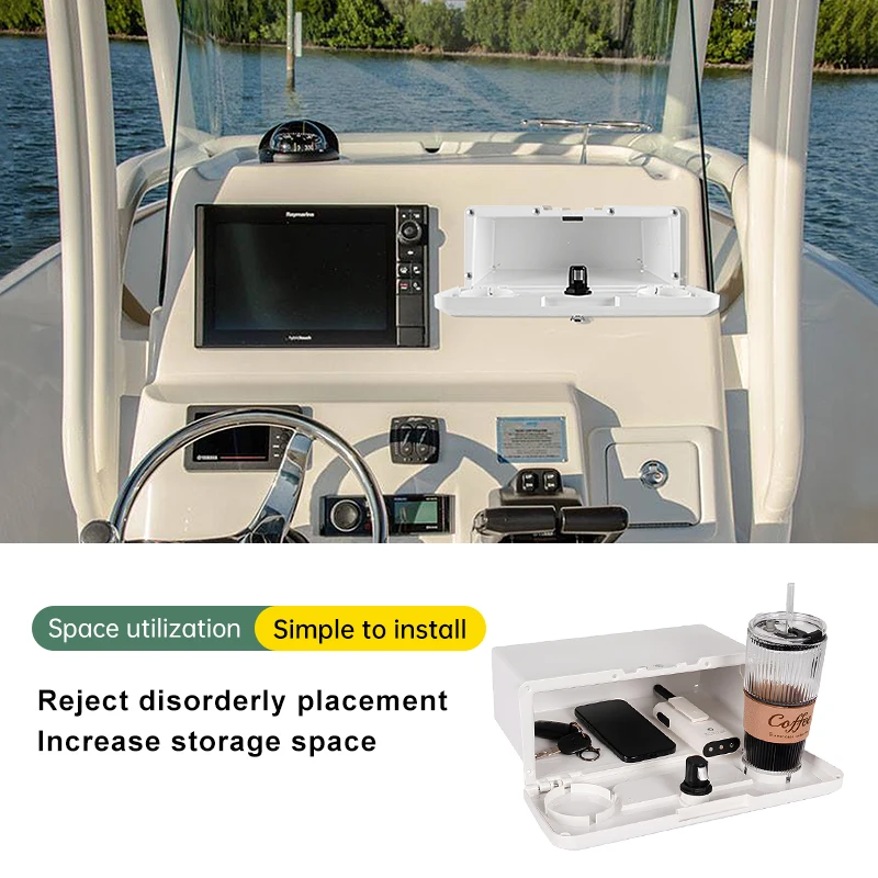 Marine Storage Box with Lock Embedded Yacht Glove Box Dashboard ABS Hidden Storage Box Upgrade Accessory with Fixed Cup Holder