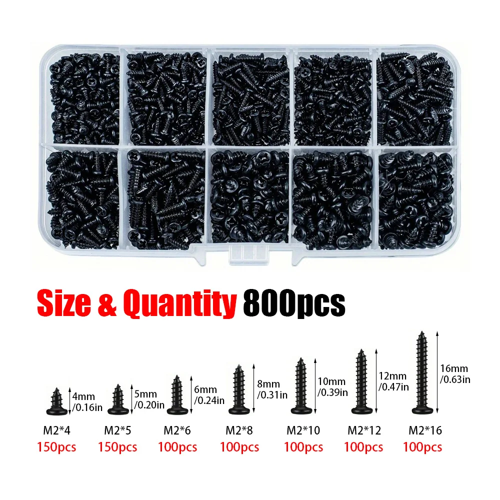 800-piece M2 Black High-Strength Self-Tapping Screw Set - 7 Sizes for Home Improvement, Plastics, Wood, and Soft Metals