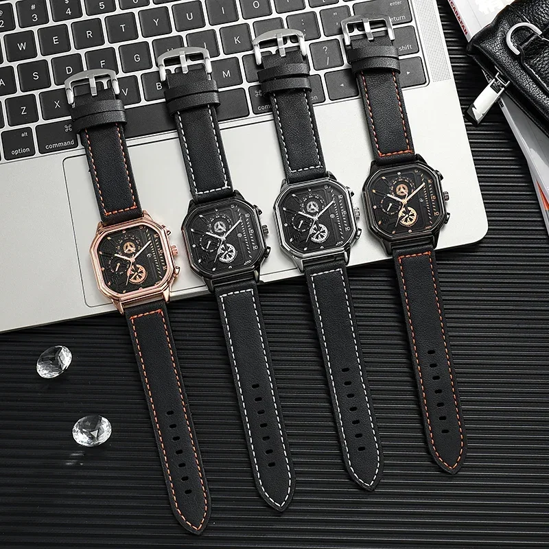 Men Quartz Watches Alloy Dial Business Men Watch PU Leather Strap Square Sports Watch Cool Black Wristwatch for Man Reloj Hombre