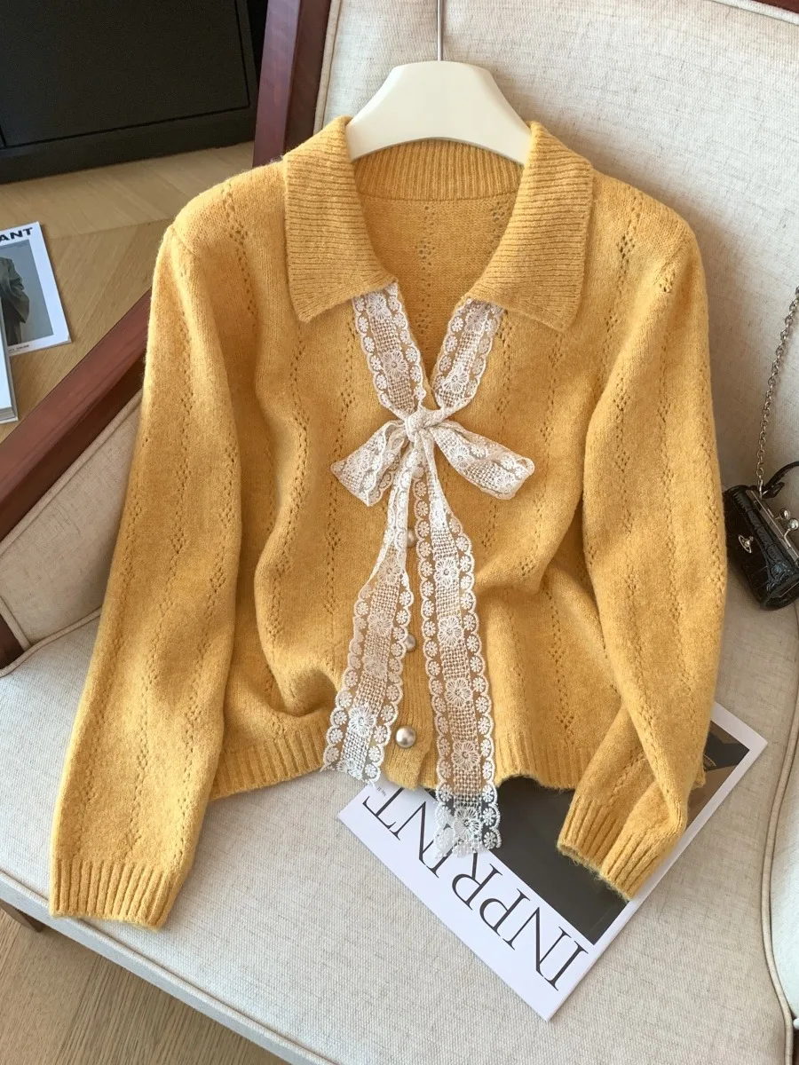 

Yellow V-Ne Knitted Sweater with Bow-Tie Design for Women Autumn Winter Loose Sle Long Sve Warmth Emitting Single-Piece
