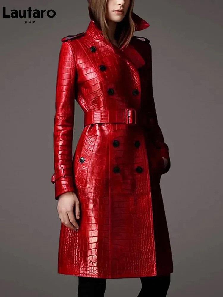 

Lautaro Autumn Long Red Crocodile Print Leather Trench Coat for Women Belt Double Breasted Elegant British Style Fashion 2021