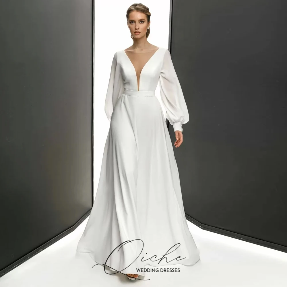 

QICHE Deep V-Neck Long Sleeves Wedding Dresses Simple Elegant A Line Women Bridal Gown Customized Wedding Party Dresses