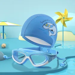 Children's swimming glasses set waterproof anti-fog large frame diving one-piece mirror with one-piece earplugs silicone swimmin