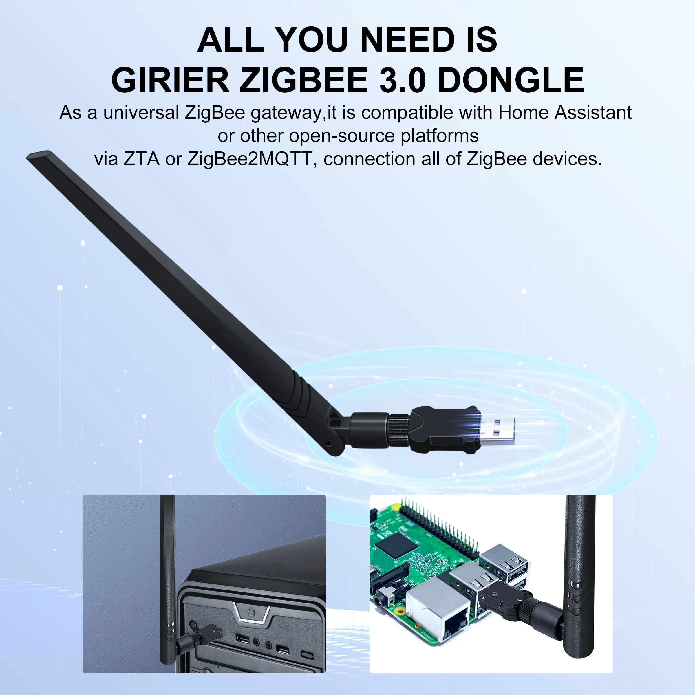 GIRIER ZigBee 3.0 USB Dongle Wireless Universal ZigBee Gateway with High Gain Antenna Support OpenHAB ZigBee2MQTT Home Assistant