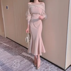 Korean Chic Spring Elegant Temperament Fishtail Dress Off-shoulder Slash Neck Long Sleeve Mesh Robes Slim Mermaid Midi Vestidos