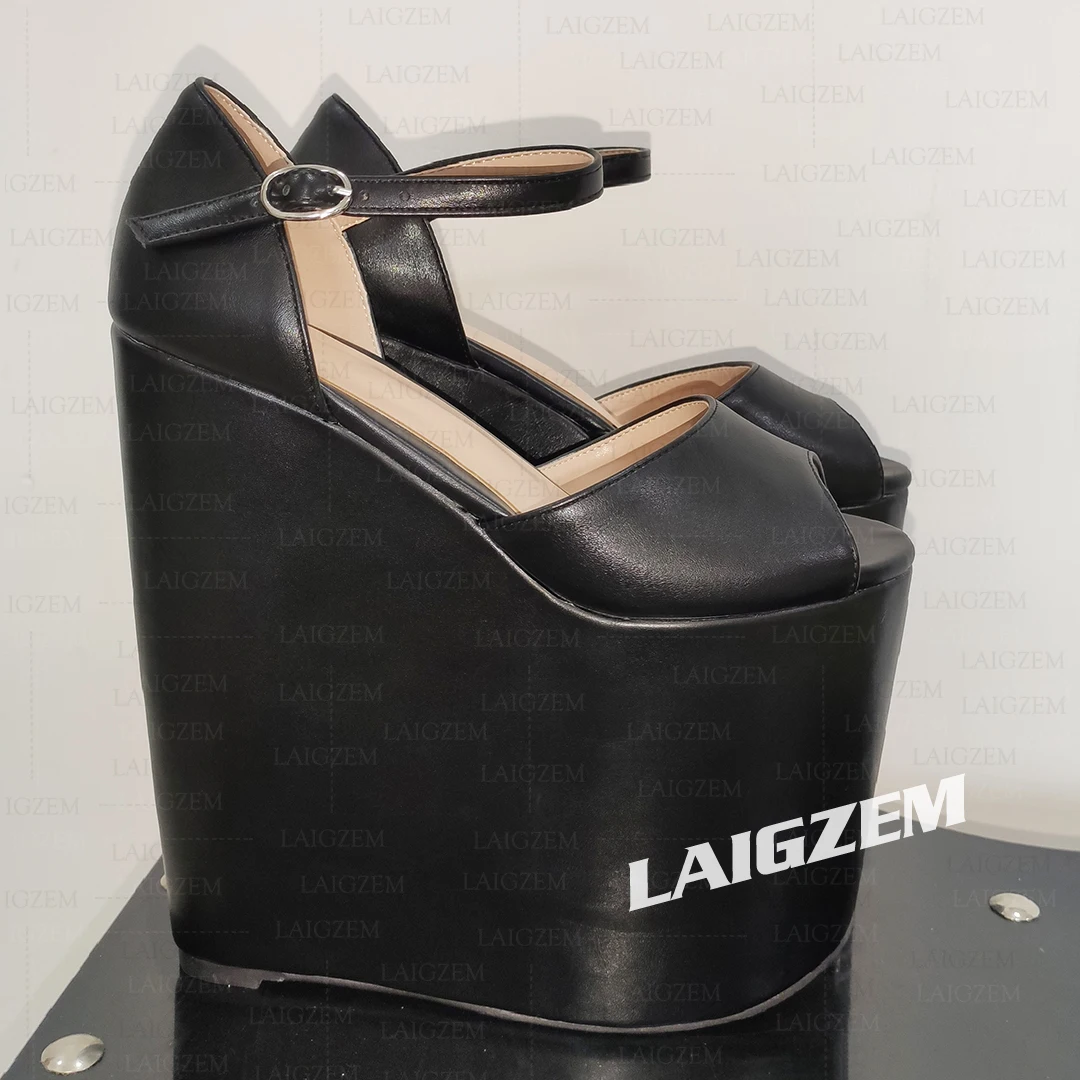 

LAIGZEM Women Sandals 14CM Platform Wedges 20CM Ankle Strap Pumps Height Increase Party Prom Shoes Woman Big Size 36 46 48