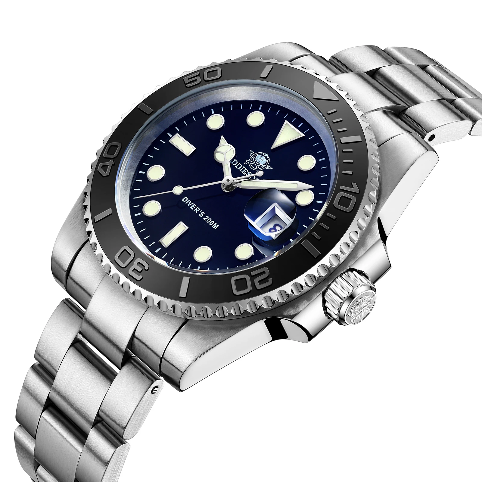 addiesdive reloj-de-buceo-de-acero-inoxidable-de-primera-marca-relojes-de-cuarzo-con-ventana-de-calendario-de-lujo-reloj-de-pulsera-luminoso-azul-resistente-al-agua-hasta-200m