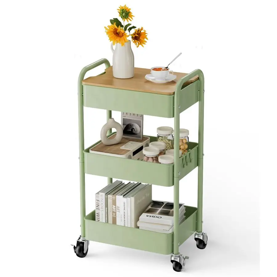 

3 Tier Rolling Cart with Table top, Metal Rolling Utility Cart, Sturdy Storage Organizer Cart with Locking Wheels amp Hooks for
