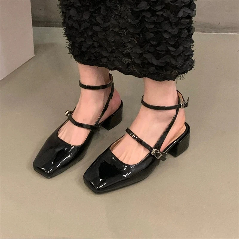 MARY JANE Style Square Heels For Woman Round Head Ankle Buckle Strap Pumps Shoes Women Retro Concise Slingbacks Black Sandals