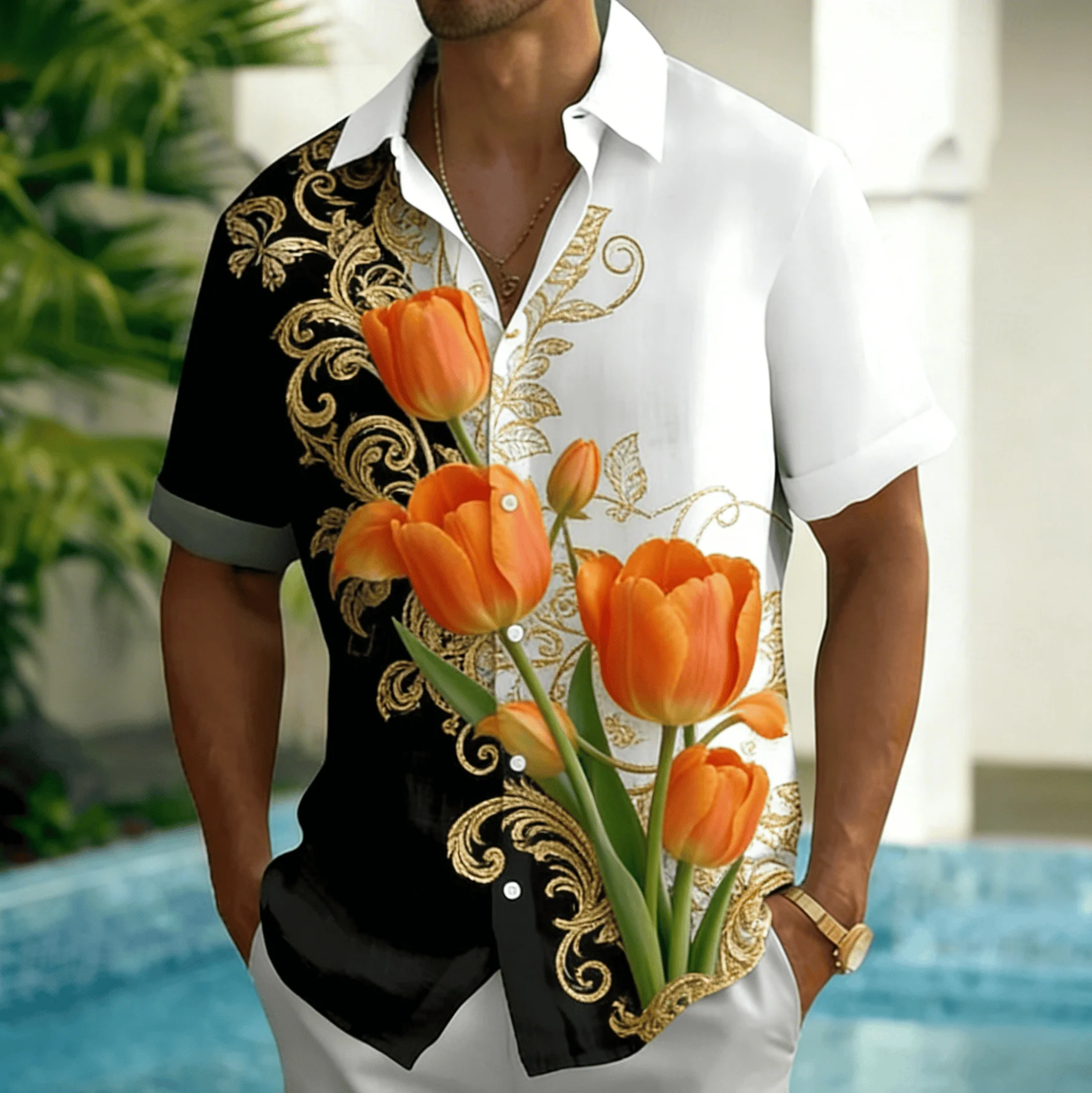 Men's Colorblock Flower Print Short Sleeve Shirt, Spring Summer Fresh Casual Vacation Blouse, Loose Casual Top