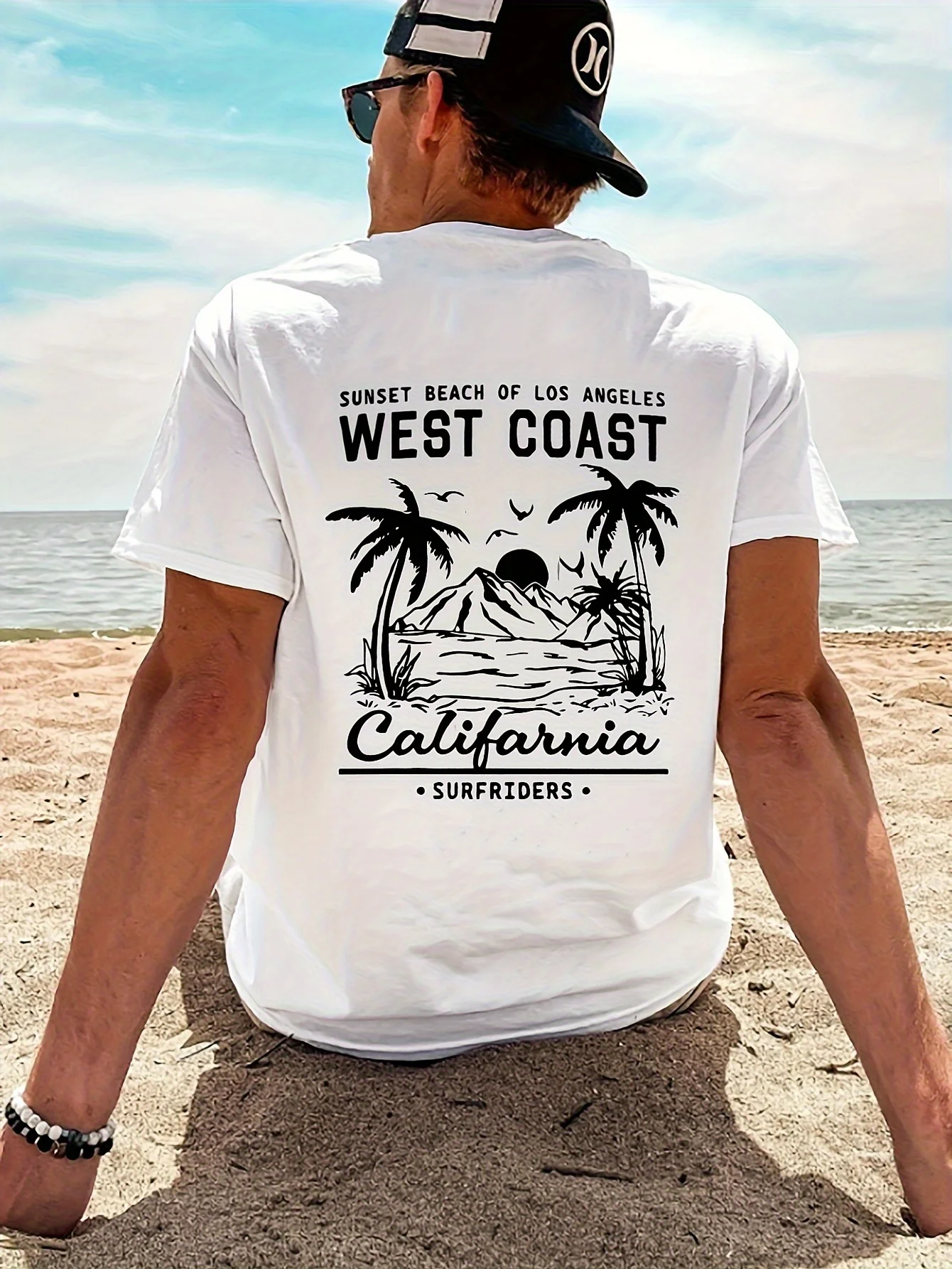 Men's 100% pure cotton casual loose retro California beach surfing pattern printed round neck short sleeved T-shirt top image 3