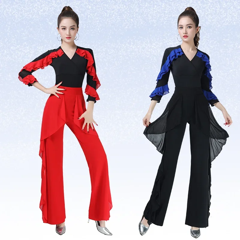 Damskie stroje taneczne Latin V Neck Tops Line Dance Costume Nowy produkt Topy z długim rękawem do tańca towarzyskiego Waltz Professional Competition Samba