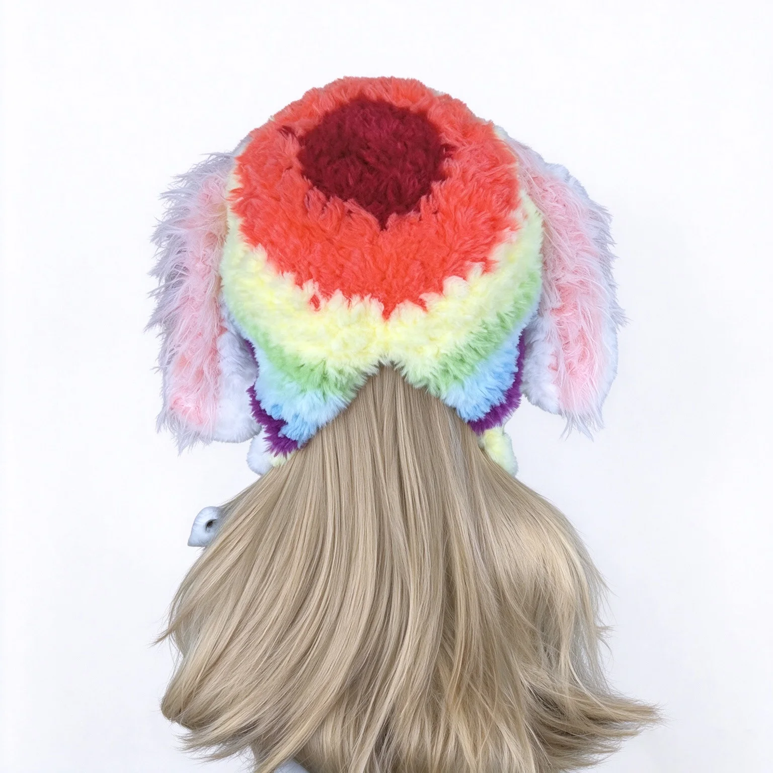 Handmade Striped Rainbow Bunny Rabbit Ears Hood Hat Women Winter Custom Crochet Knit Mushroom Beanie Girl Kawaii Lolita Cap Lady