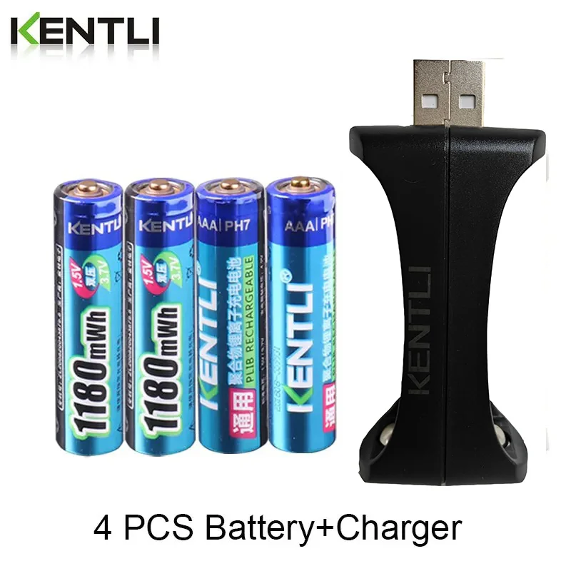 بطارية KENTLI 1.5 فولت AA AAA قابلة للشحن 1180mWh 3000mWh بطاريات قابلة للشحن وفتحتين شاحن ليثيوم أيون للعب