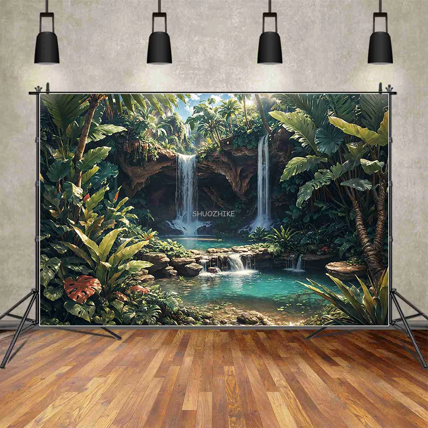 Tropical Jungle Summer Green Backdrop for Photography Natural Waterfall Holiday Background Photo Booth Shooting Props