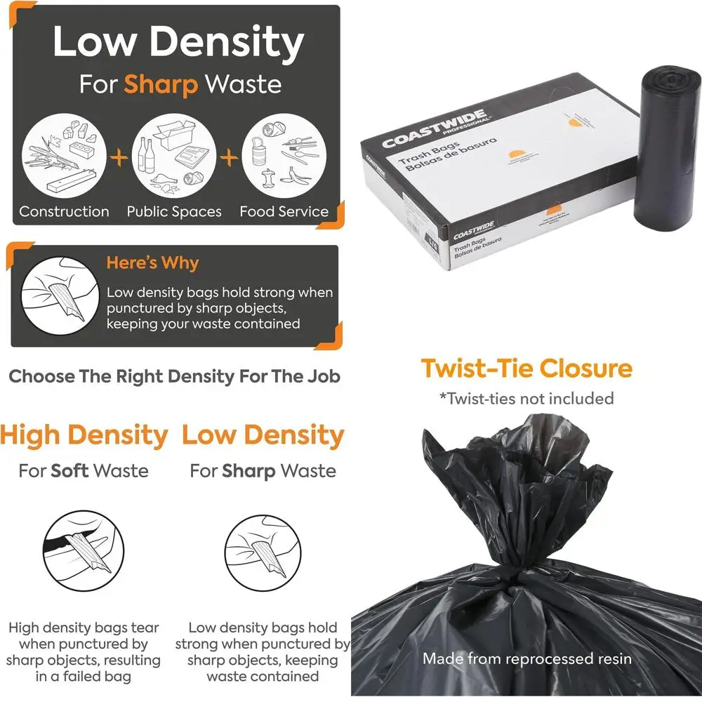 

50-56 Gallon Capacity, 43 x 46, Low Density, 1.5 mil, Black Trash Bags, 100 Count