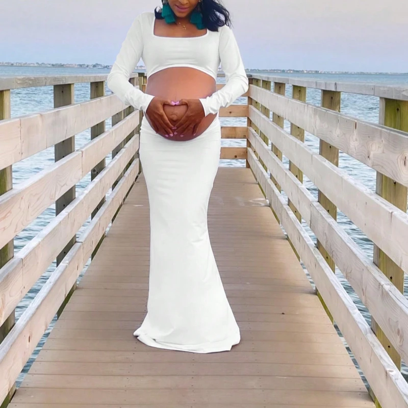 2025 우아한 임부복 사진 촬영 드레스 신축성 있는 피쉬테일 이브닝 가운 오픈 백 배꼽 노출 플로어 길이 드레스 임신부용