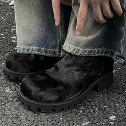 New Fashion Design Men Leather Casual Shoes Slip on Horse Hair Women Derby Shoes Thick Soled Unisex Loafers