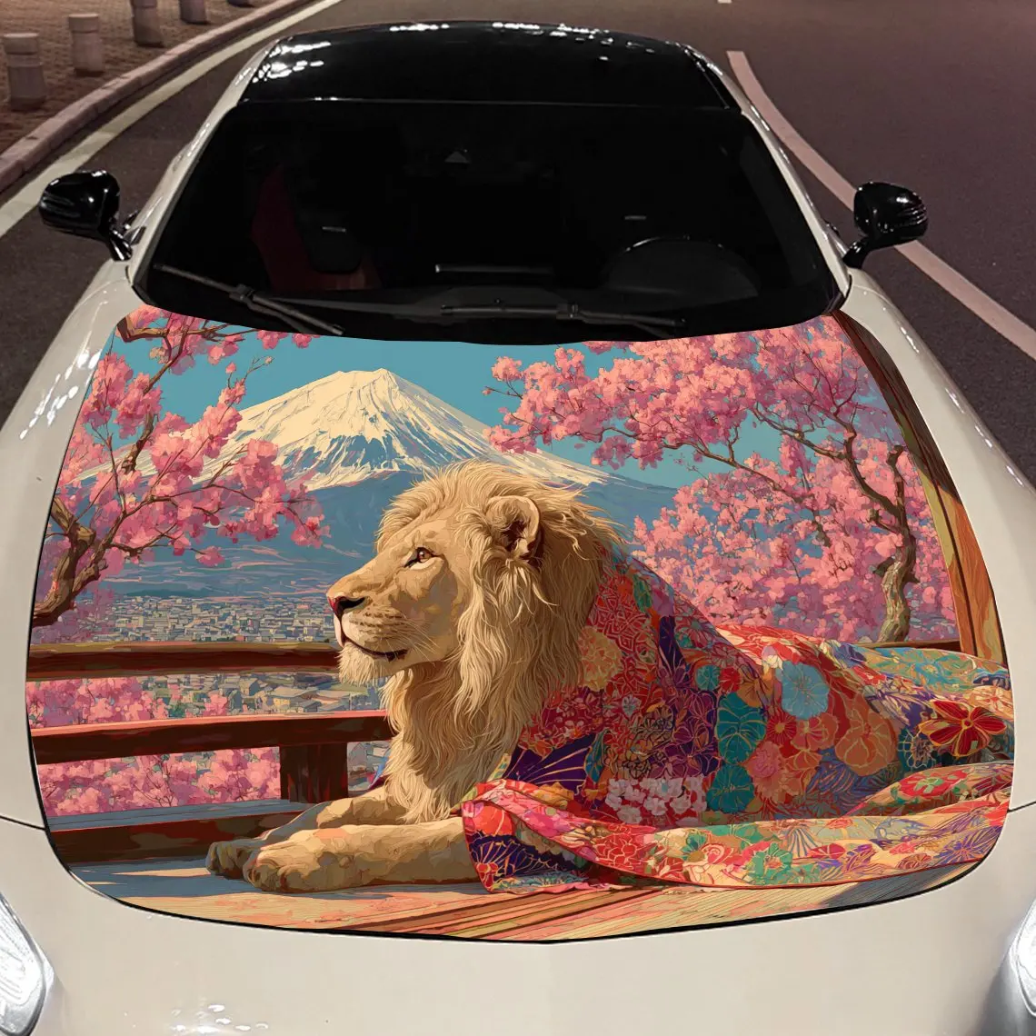 

The lion by the cherry blossom tree Car hood packaging sticker, PVC material, self adhesive waterproof, anti slip paint, car ext